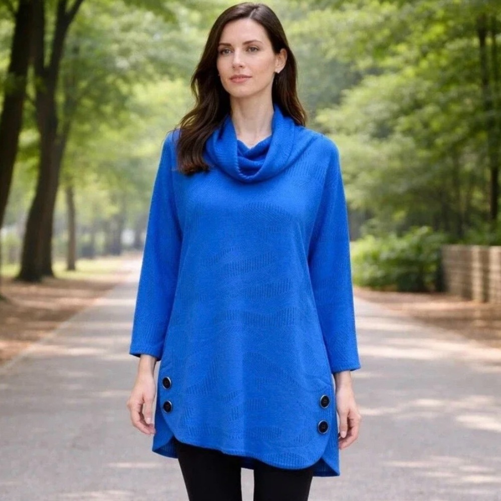 Ali Miles Women’s Blue Cowl-Neck Textured Tunic Sweater w/ 3/4 Sleeves, Size XL